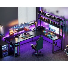 L Shaped Computer Desk with Led Lights, Hutch and Power Outlet, Home Office Desk