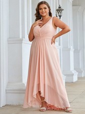 Pink V Neck Chiffon High Low Evening Dress