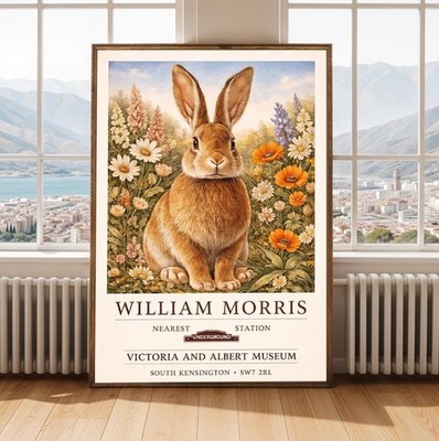 William Morris Style Rabbit Poster Floral Garden Wall Art Print