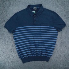 Polo Ralph Lauren Men Navy Striped Short Sleeve Knit Polo Sweater Large