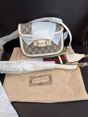GUCCI HORSEBIT 1955 SHOULDER BAG GG SUPREME MONOGRAM CANVAS WHITE LEATHER / NEW