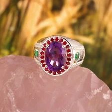 Natural Amethyst, Ruby & Onyx Gemstone with 925 Sterling Silver Men's Ring #5367