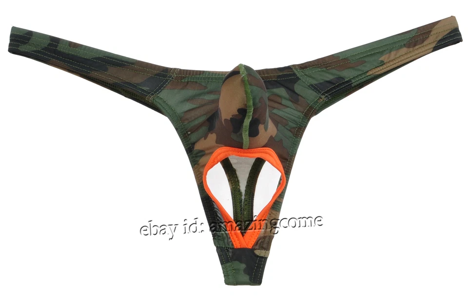 Men Camouflage Ball Hole Thong Underwear Bikini Nuts Out Long Pouch T-Back Pants - Image 4 of 4