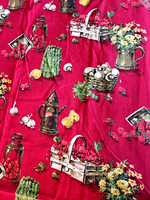 Indian Head Mills Fabric Piece 34''' X 84'' Red Kitchen Print 50s Vintage Veggie