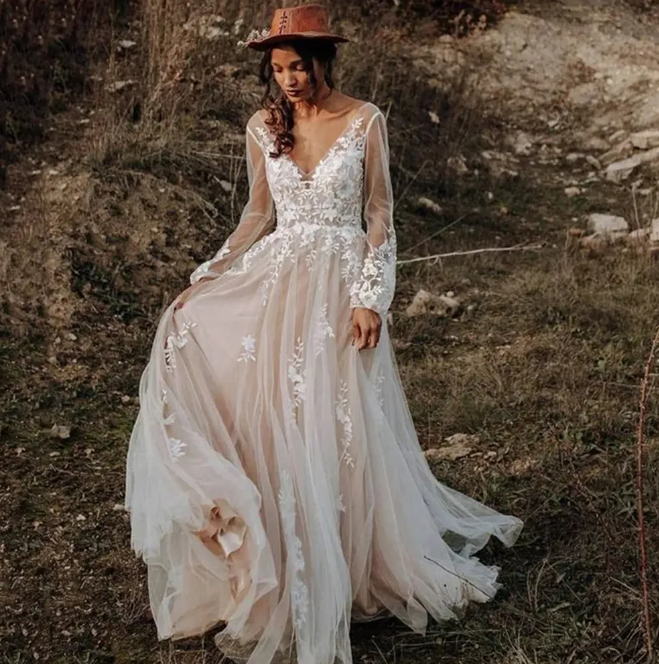 Vintage Boho Lace Wedding Dress with Long Sleeves and V-Neck A Line Bridal  Gowns