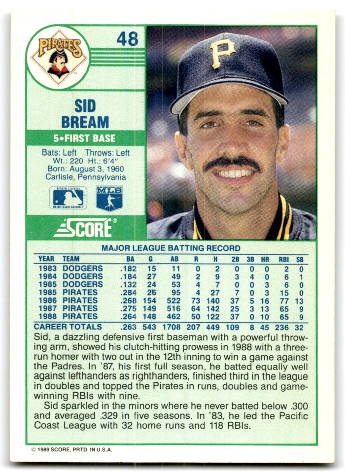1989 Score Sid Bream Pittsburgh Pirates #48 - Image 2 of 2