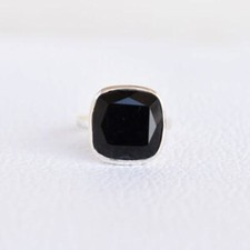 925 Sterling Silver Cushion Shaped Faceted Black Onyx Genuine Handmade Ring