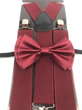Burgundy Color Wedding Party Accessories Bow Tie & 1.5" in width Wide Suspenders