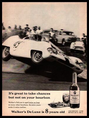 1961 Walker's DeLuxe 8 Year Old Bourbon Whiskey Race Car on 2 Wheels  Print Ad