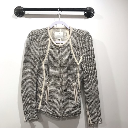 Chaqueta IRO Talla 1 Boucle Noelia Tweed Cuero Borde Gris Blanco - Imagen 2 de 5