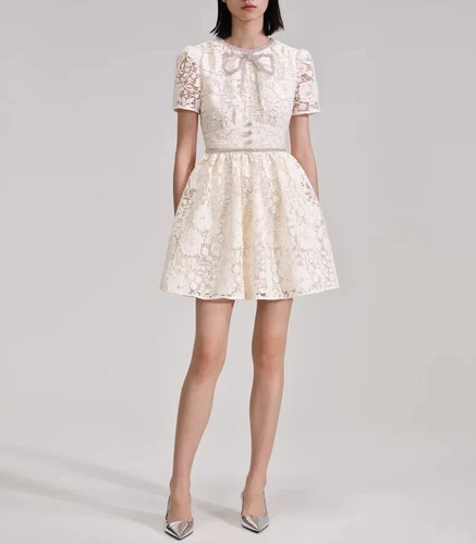 Self-Portrait Bow Neck Lace Mini Dress Short Sleeve Short Dress for Ladies - Picture 2 of 6