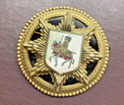 Vintage Knight on Horse crest pin badge brooch red white gold tone Heraldic