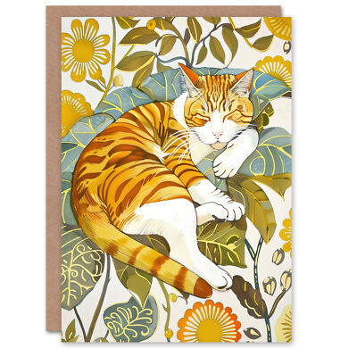 Grußkarte schlafend orange Tabby Katzenliebhaber leuchtend Blumen leer Geburtstag
