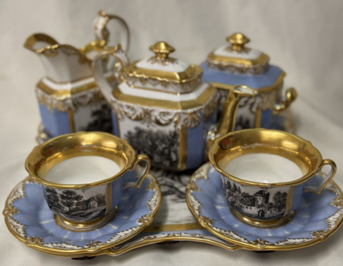 19thc. Old Paris Porcelain Style Blue & Gold 8-Pc TEA SET for TWO w/Landscape - Picture 17 of 18
