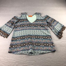 Womens Blouse Voom By Joy Han Size S Open Shoulder USA Made Multicolor 3/4 Sleev