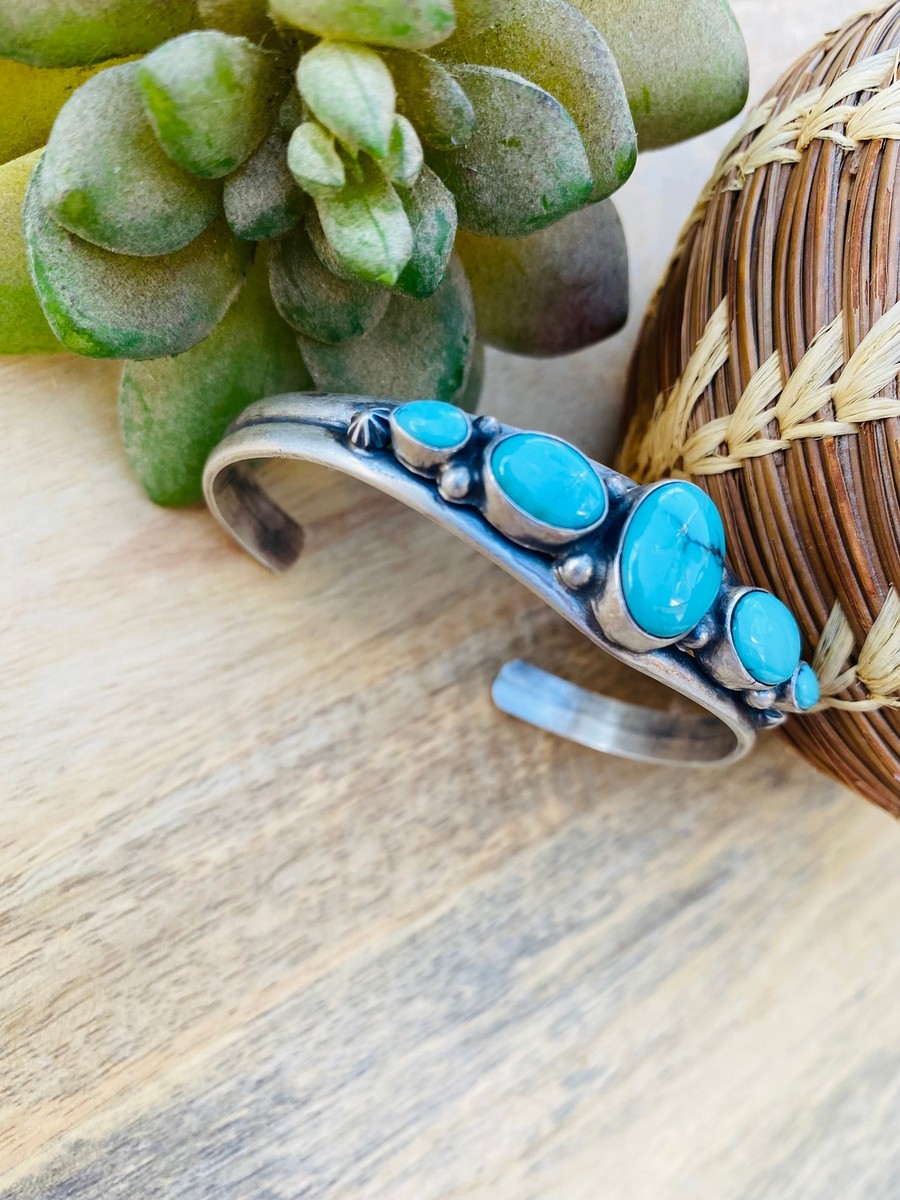 Vintage Navajo Turquoise & Sterling Silver Five Stone Cuff