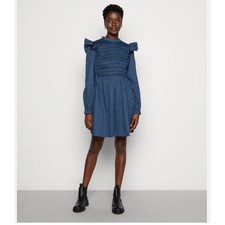 Gap Smocked Ruffle Mini Dress Large Blue Black Floral Dark Coquette Gothic