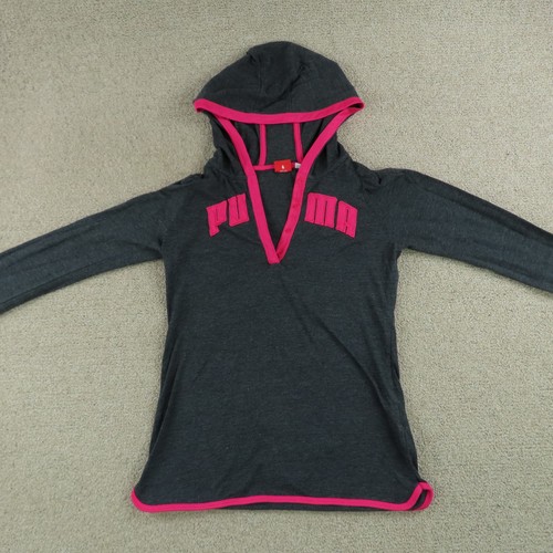 Puma Pullover Hoodie Girls XL Charcoal Pink Long Sleeve Lightweight Athletic Top - Picture 2 of 10