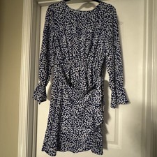 Women’s Size M Long Sleeve Navy Blue Floral Print Dress Front wrap side Tie