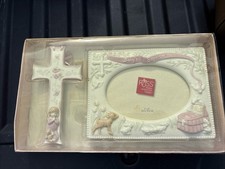 Russ Baby Baptism Christening Cross  Frame Ceramic Pink Girl Gift Set