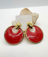Vintage Salmon Pink Swirl Enamel Gold Tone Hoop Drop Earrings Statement 80s 90s