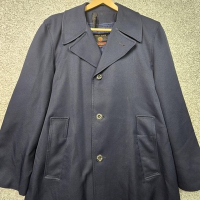 Vintage Richman Brothers Coat Mens 44L Blue Long Overcoat Plaid Liner Winter