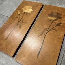 Pair VTG Signed Rose Marquetry Wood Inlay Picture Heiko 16.25”L  Art Wall