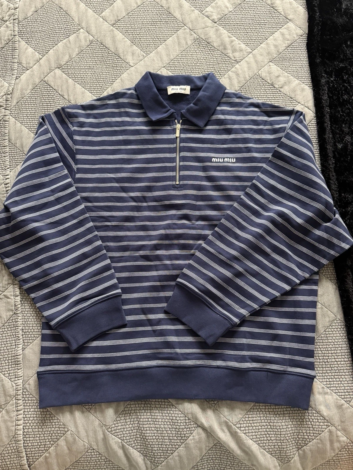 Miu Miu — Miu Miu Striped Zip Collar Knit Pullover Sweater 100% Cotton Navy White S