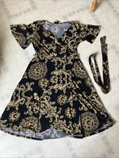 Glam Retro FAUX WRAP DRESS STRETCH Black with Gold Rope Floral Print Old Money