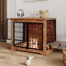 Wooden Dog Crate Furniture with Rotary Feeder Bowls, Two Doors, for Large Dogs