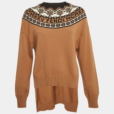 Fendi Brown Intarsia Wool Intarsia Rib Knit HighLow Sweater M