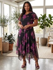 Roamans Dress 14W Black Floral Chiffon Hanky Hem Cowl Neck Sequin Midi Wedding