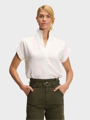 Akris Punto White Pleated Structured Cap Sleeve Blouse Size 12 Luxury Minimalist