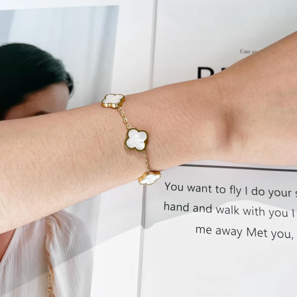 Brazalete de la suerte de trébol chapado en oro de 18 quilates para mujer blanco/negro/rojo/verde flor... Foto 3 de 4