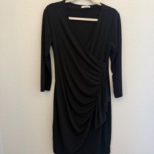 Calvin Klein Black Ruched Faux Wrap Draped Sheath Dress 3/4 Sleeve 8 Side Drape