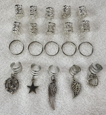 20 Pc Silver Hair Jewelry Braid Cuffs Rings Charms Locs Dreadlocks Set