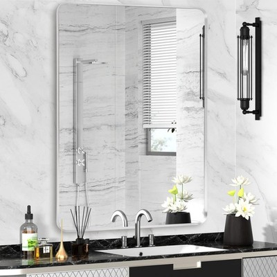 Silver Framed Bathroom Mirror, Brushed Nickel Large Rounded Corner Rectangle ...