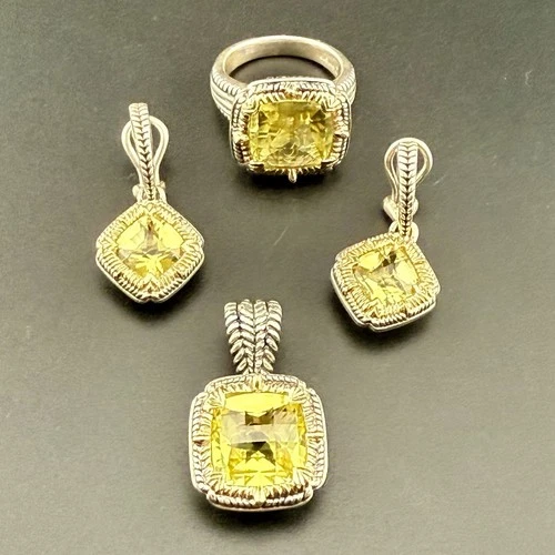 Vintage STERLING SILVER & 14K GOLD Pendant Earrings & Ring Set CITRINE