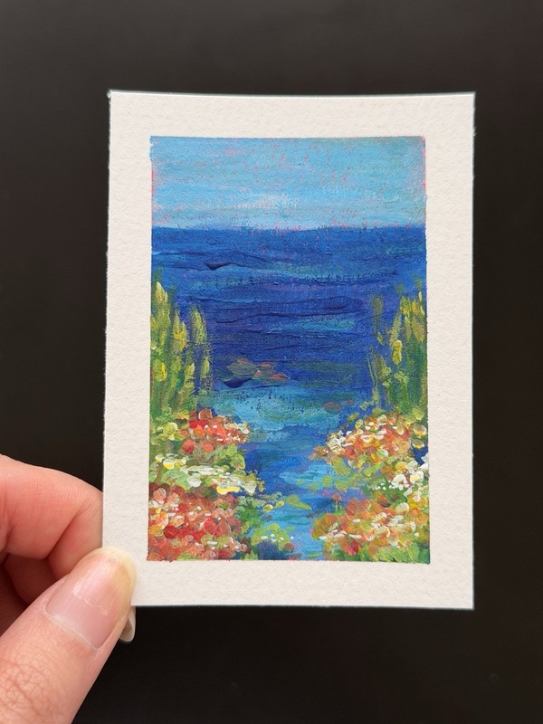 ACEO Original Acrylic Art Card - Sea Ocean Blue Sky - wonky.kt