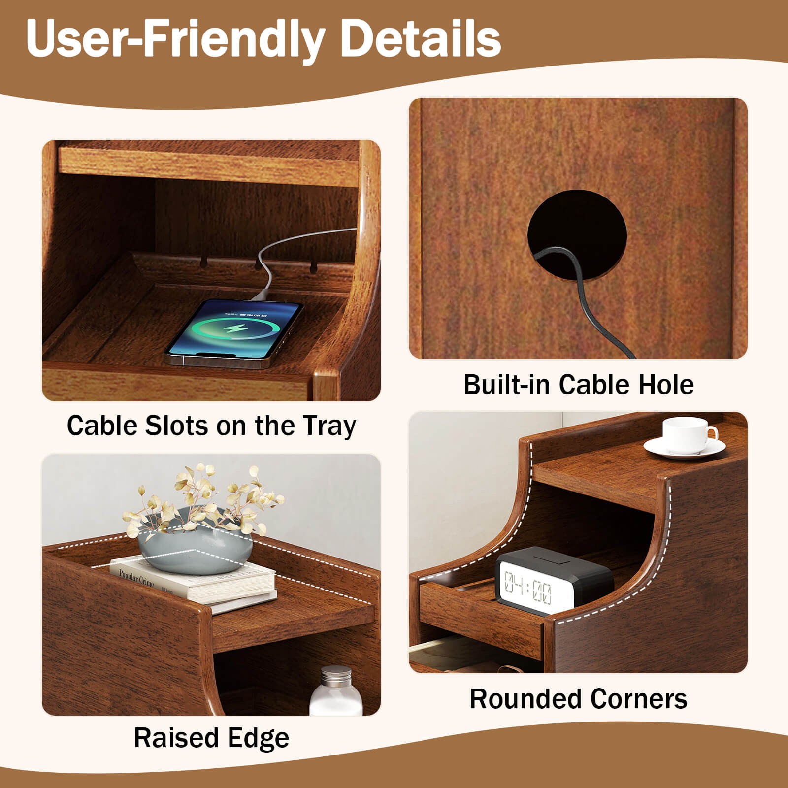 Solid Wood End Table with Pull-out Tray & 2 Storage Drawers Cable Management