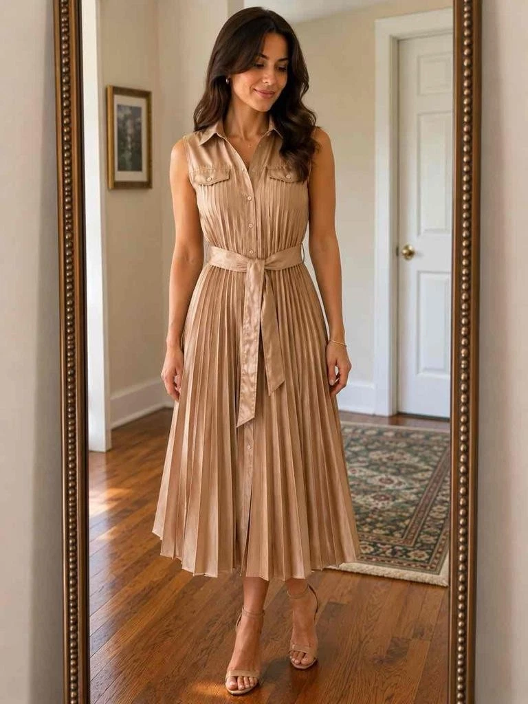 Elie Tahari Pleated Shirt Dress Tan Women's Small Sleeveless Midi Button Front
Opens in a new window