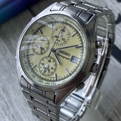 Seiko Watch 7T32 Mens Vintage 1995 Full Lume Dial Chronograph Alarm Steel 39mm