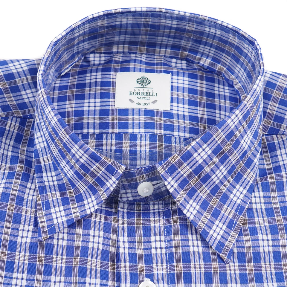 Camisa de Vestir Luigi Borrelli Napoli Azul y Blanco Cuadros en Capas Algodón 15.5 Nueva con Etiquetas Foto 4 de 4