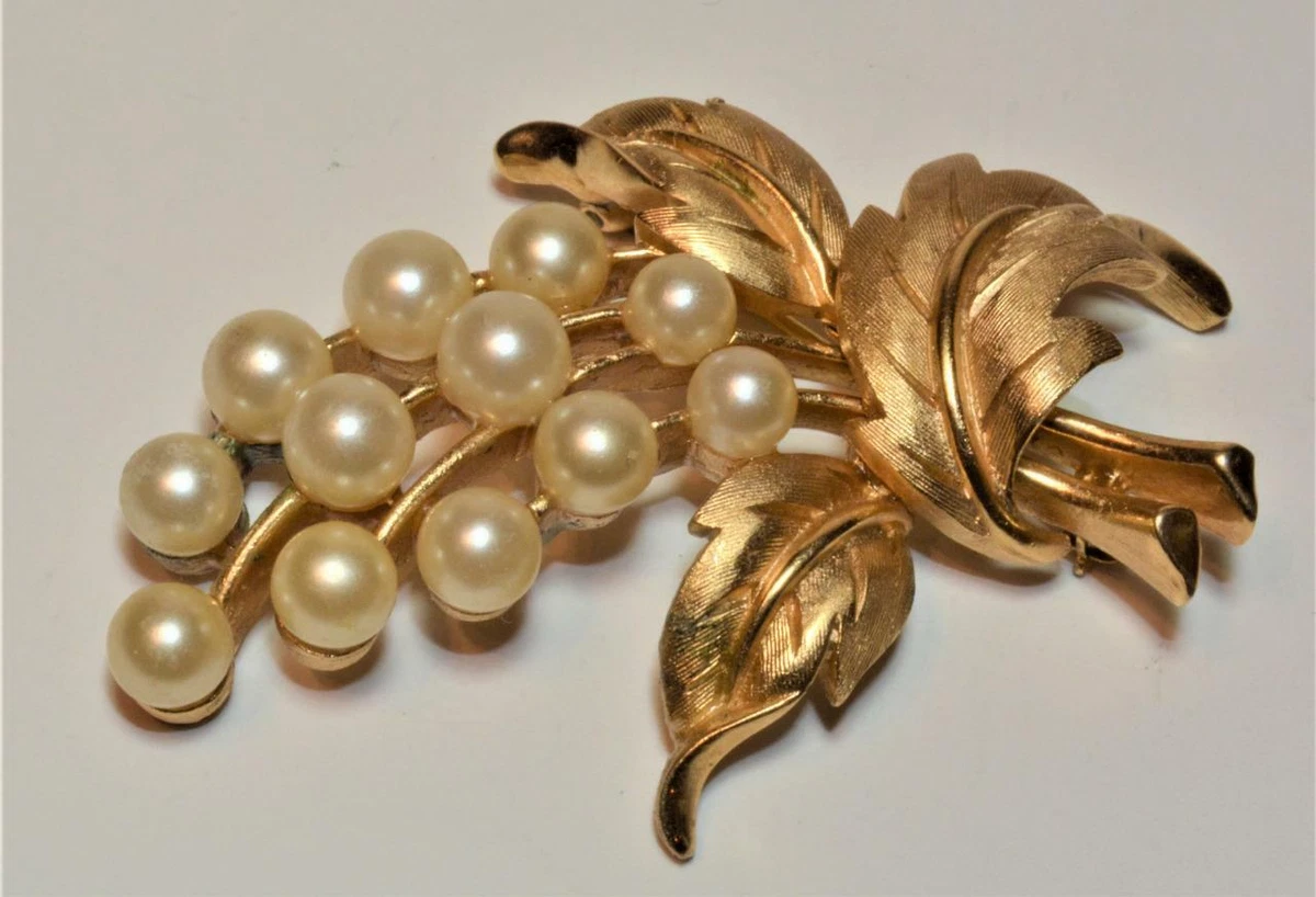 Vintage Signed TRIFARI Crown Goldtone Faux Pearls BRANCH Shape Pin Brooch