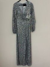 NWT Mac Duggal Silver Blue Long Sleeve V-Neck Sequined Dress 5213 Size 8