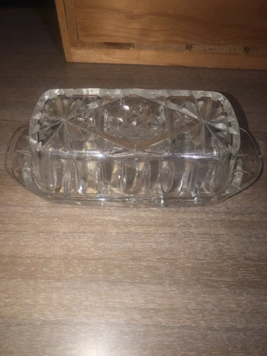 VTG STAR-BURST FANCY CLEAR GLASS BUTTER DISH  LID COVERED PRESSED CUT MCM