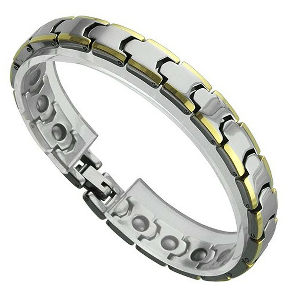 Brazalete de terapia magnética de tungsteno dorado minimalista para mujer 9 mm de ancho 7 1/2 pulgadas de largo Foto 2 de 4