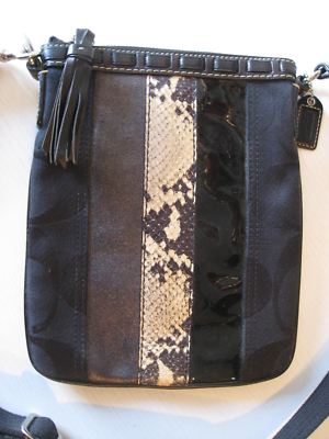 Coach Black Leather Signature Crossbody Bag Python Snake Patent 