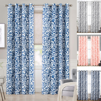 Julia Watercolor Floral Print Window Curtains Lined Grommet Window Drapes 2 Pcs