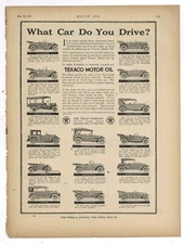 1917 Texaco Motor Oil Ad: 15 Different Period Cars Pictured - Marion, Cole, ++++